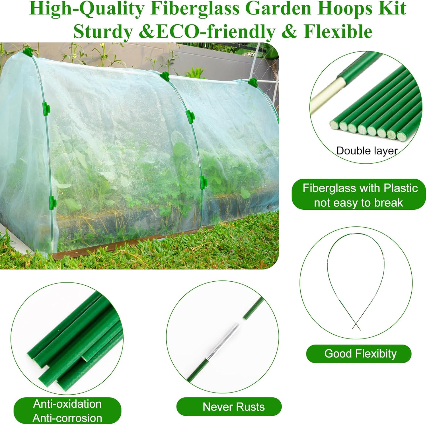 60Pcs Greenhouse Hoops Grow Tunnel Wide, 8FT Rust-Free Fiberglass Support Garden Hoops Kit for Raised Beds Plant Cloth