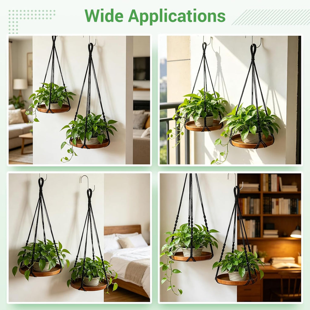 2 Pack Macrame Plant Hanger, 41'' & 32'' Plant Hanger Indoor Set with 12'' & 9.8'' Wood Trays, Bohemian Hanging Planter