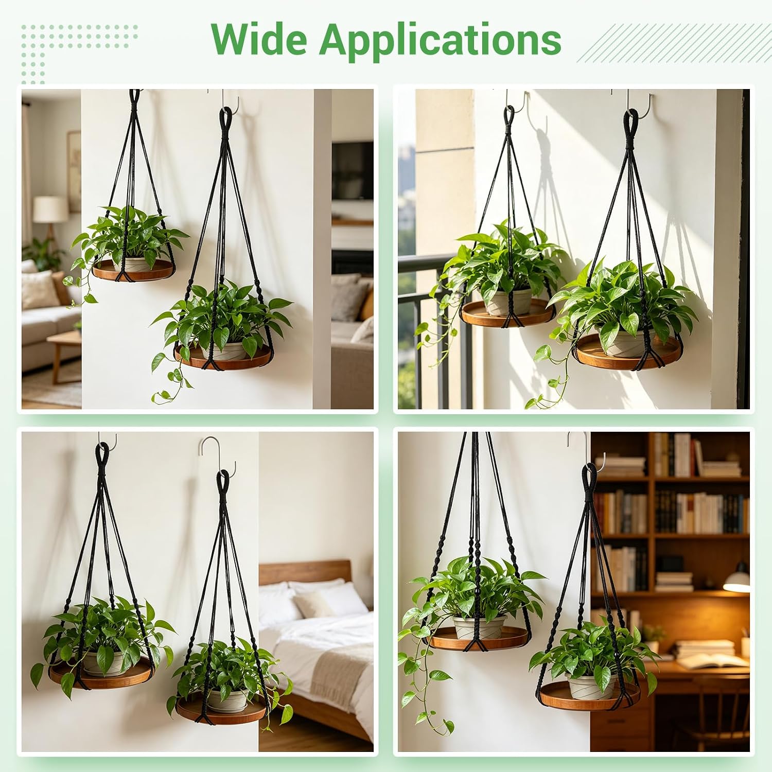 2 Pack Macrame Plant Hanger, 41'' & 32'' Plant Hanger Indoor Set with 12'' & 9.8'' Wood Trays, Bohemian Hanging Planter