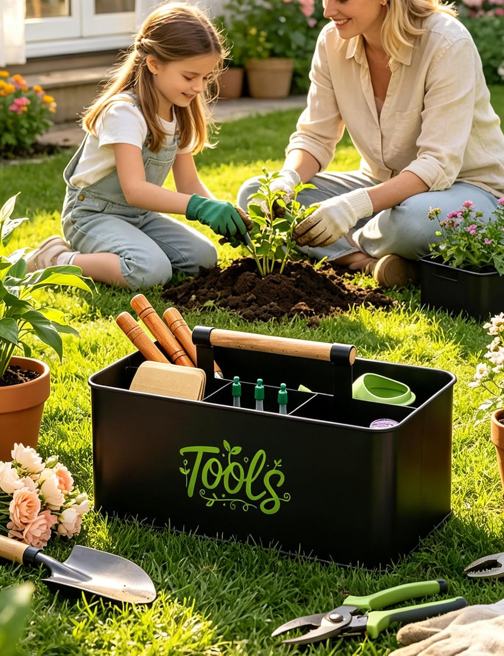 Gardening Tool Caddy, Wooden Handle and 4 Compartments | Metal Black Garden Tool Basket, Large Capacity Garden Caddy
