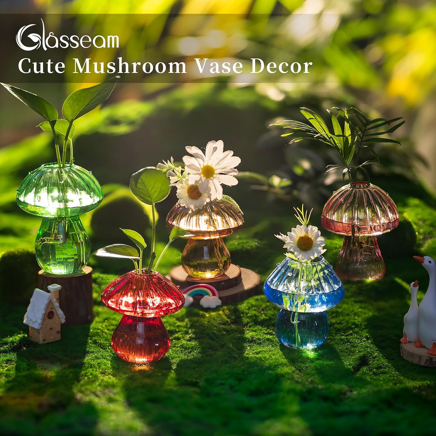 Glasseam Mushroom Glass Plant Propagation Station with Wooden Stand 5Pcs | Colored Handmade Indoor Small Terrarium Jar
