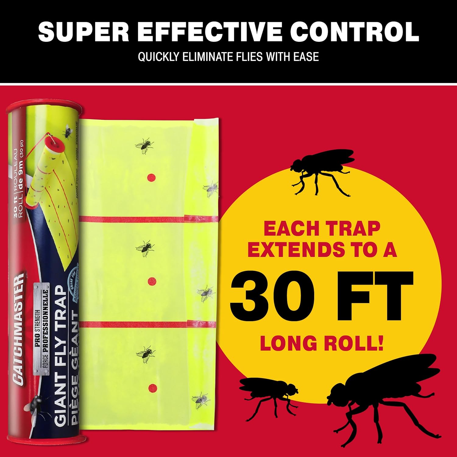 Catchmaster Giant Fly Glue Trap 3-Pack 30 Feet Each, Adhesive Fly Traps Outdoor, Sticky Bug Catcher, Bulk Flying Insect