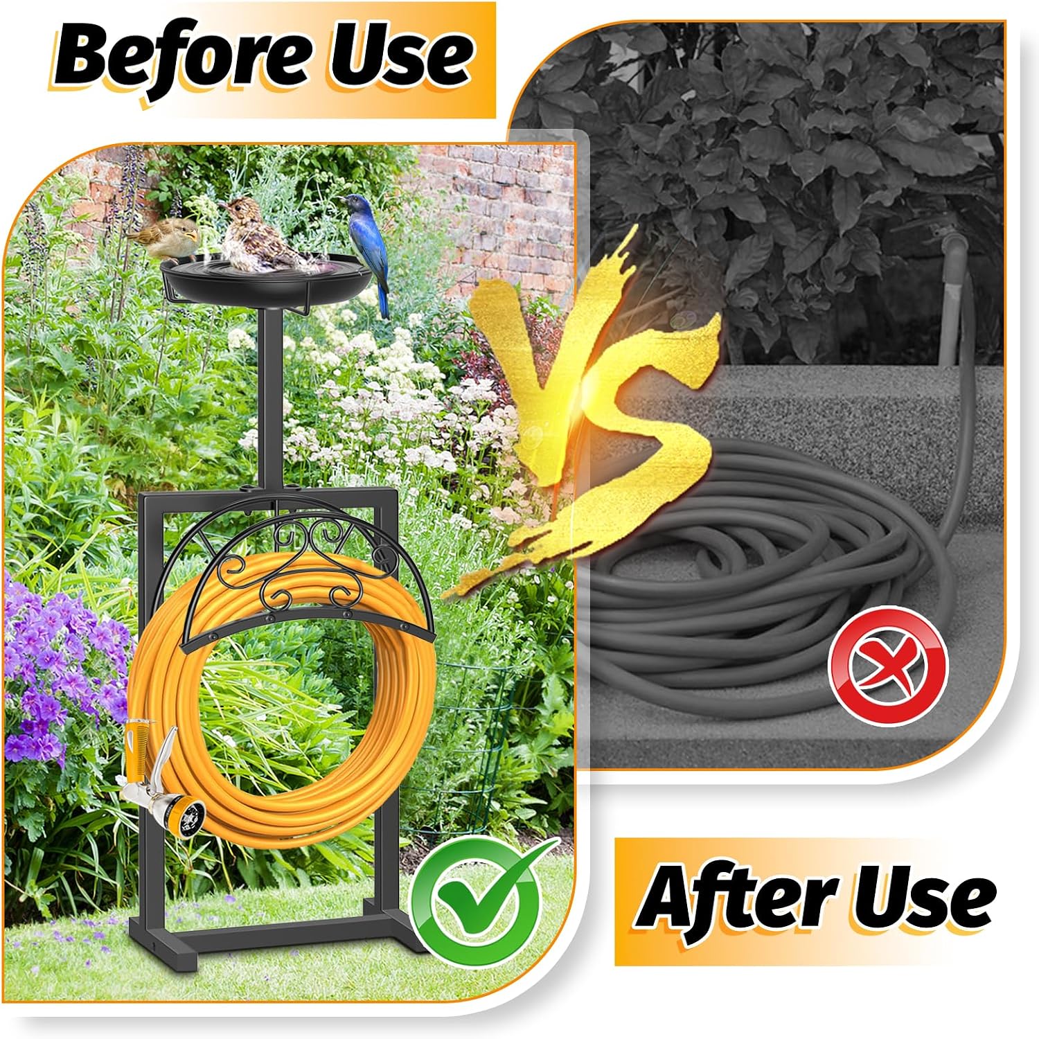 Garden Hose Holder Hanger Freestanding, Upgraded 4 Spikes Heavy Duty Storage Reel Stand with Bird Feeder Bowl, Holds