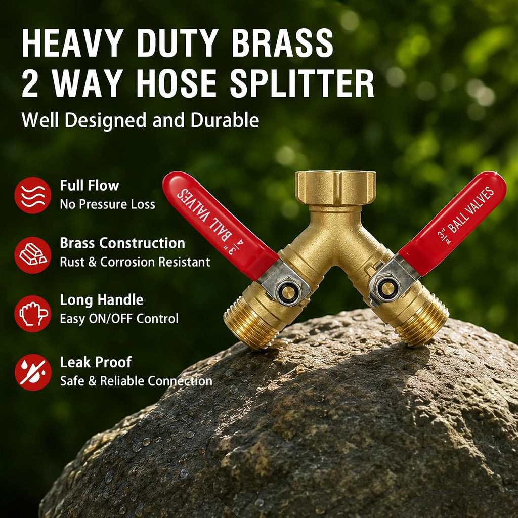 Garden Hose Splitter 2 Way, Heavy Duty Brass Full Flow Y Valve, 3/4" GHT | Solid Brass Construction with Leak-Proof