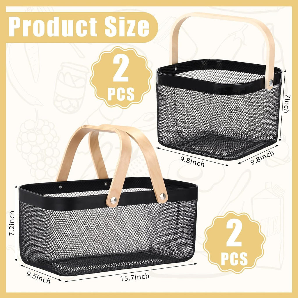 Zonon 4 Pack Harvest Garden Baskets, 2 Size Metal Mesh Harvest Storage Basket with Foldable Wooden Handle, Rectangle