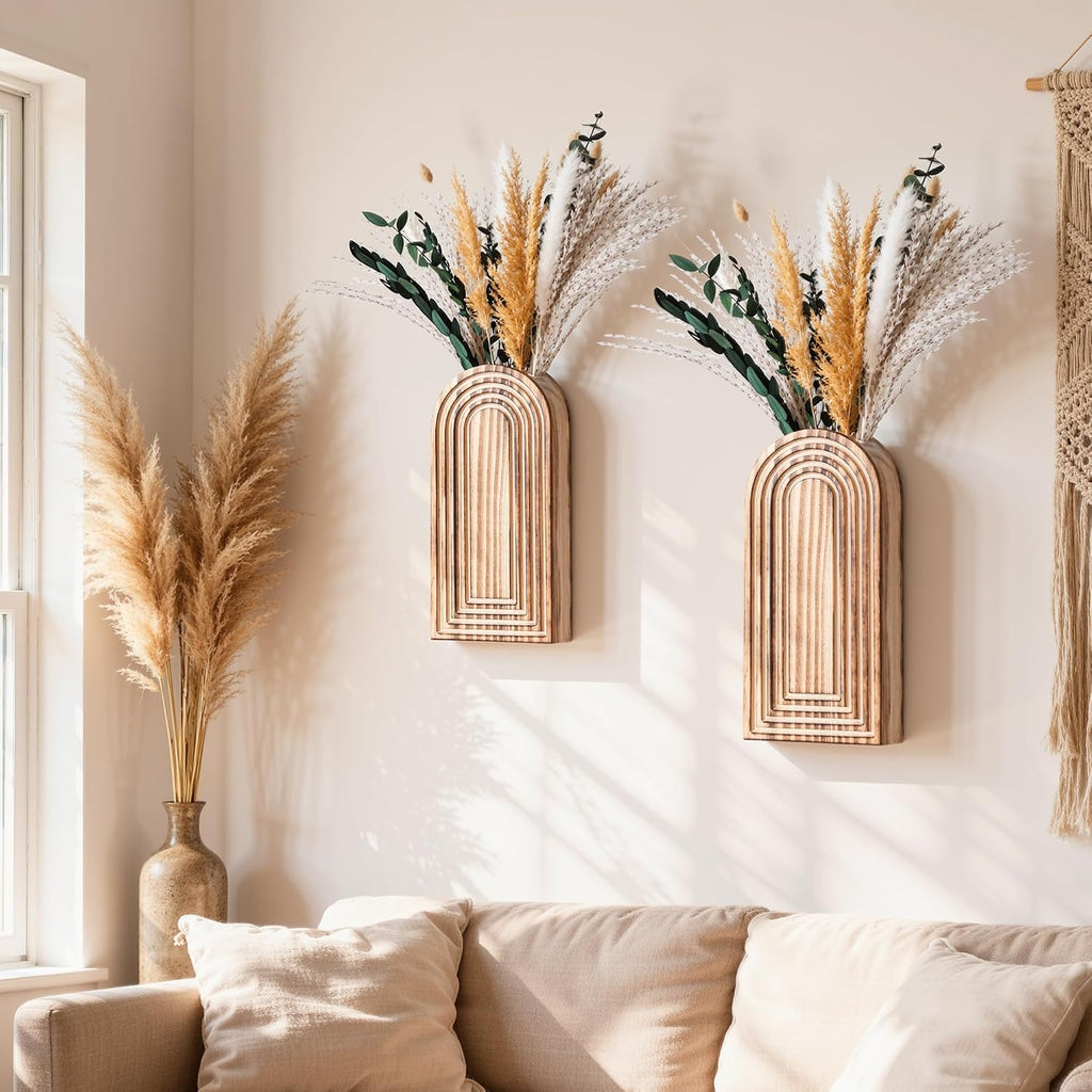 DREAMLOOM 2 Pack Wooden Wall Vases with Dried Pampas Grass and Eucalyptus Plants, Wall Hanging Planters Boho Modern