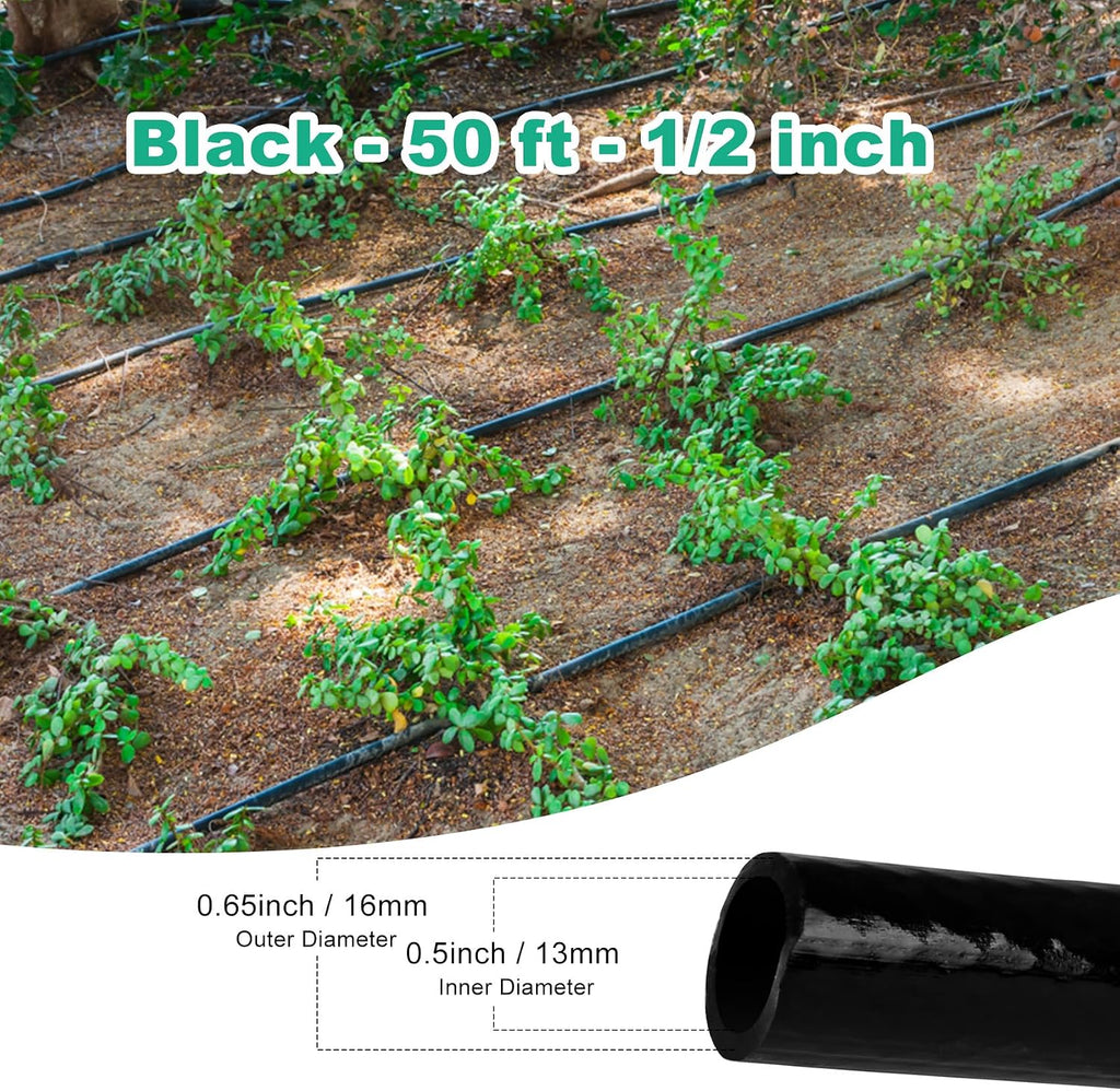 1/2 Inch Irrigation Tubing, 50 ft Polyethylene Irrigation Hose, Thick, Durable, and Flexible Drip Irrigation Tubing