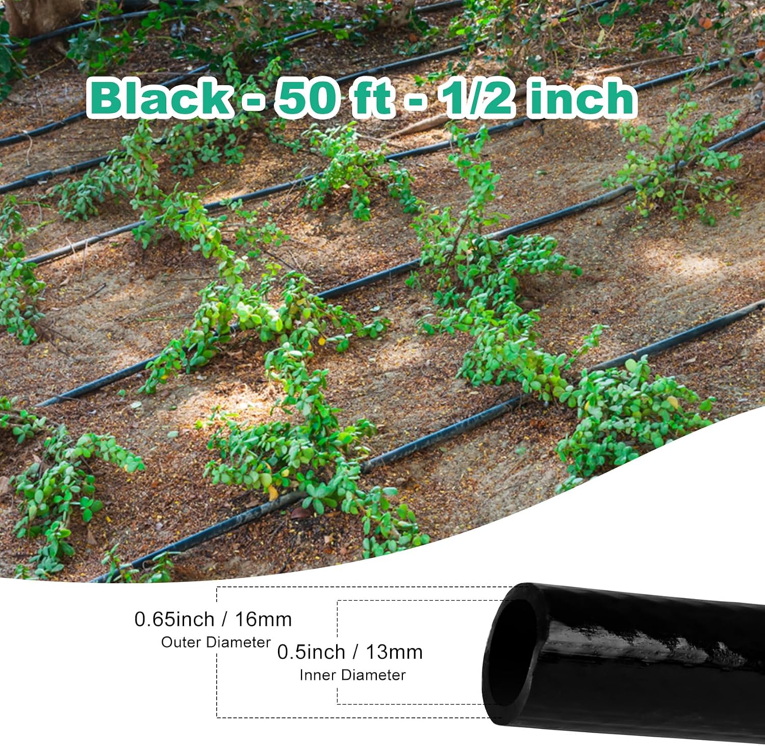1/2 Inch Irrigation Tubing, 50 ft Polyethylene Irrigation Hose, Thick, Durable, and Flexible Drip Irrigation Tubing