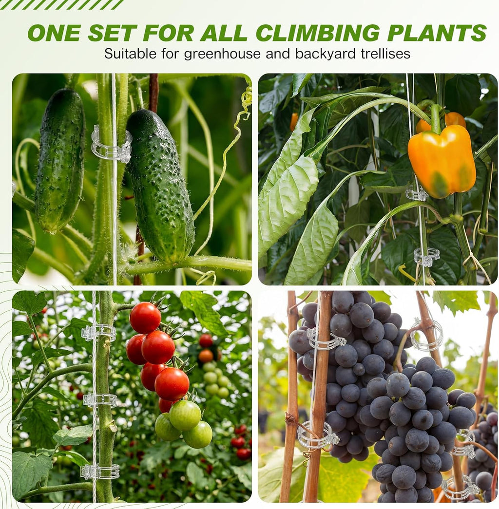 Hushee 100 Pack Tomato Hooks with 200 Garden Clips & 32.8ft String, Tomato Hooks for Climbing Plants, Heavy Duty Plant