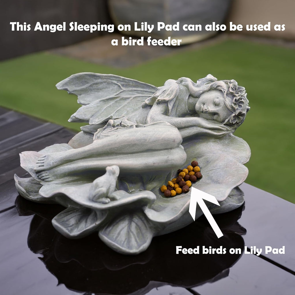 Garden Fairy Statue,Garden Sleeping Angel on Lotus Leaf with Bird Feeder Feature Outdoor Decor Sculptures Figurine