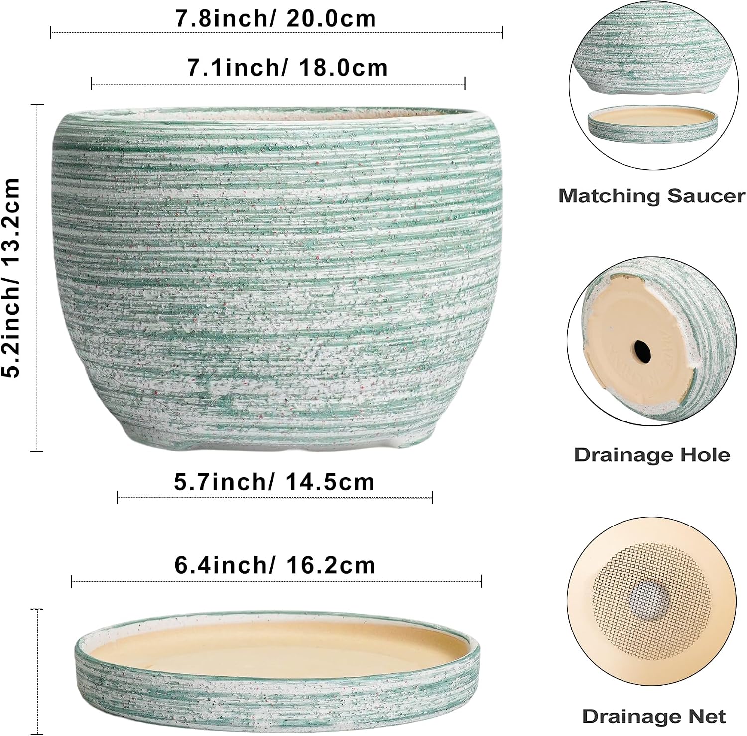 SQOWL Ceramic Planters for Indoor Plants - 8 inch Plant Pot Outdoor, Ceramic Flower Pot with Drainage Hole and Saucer