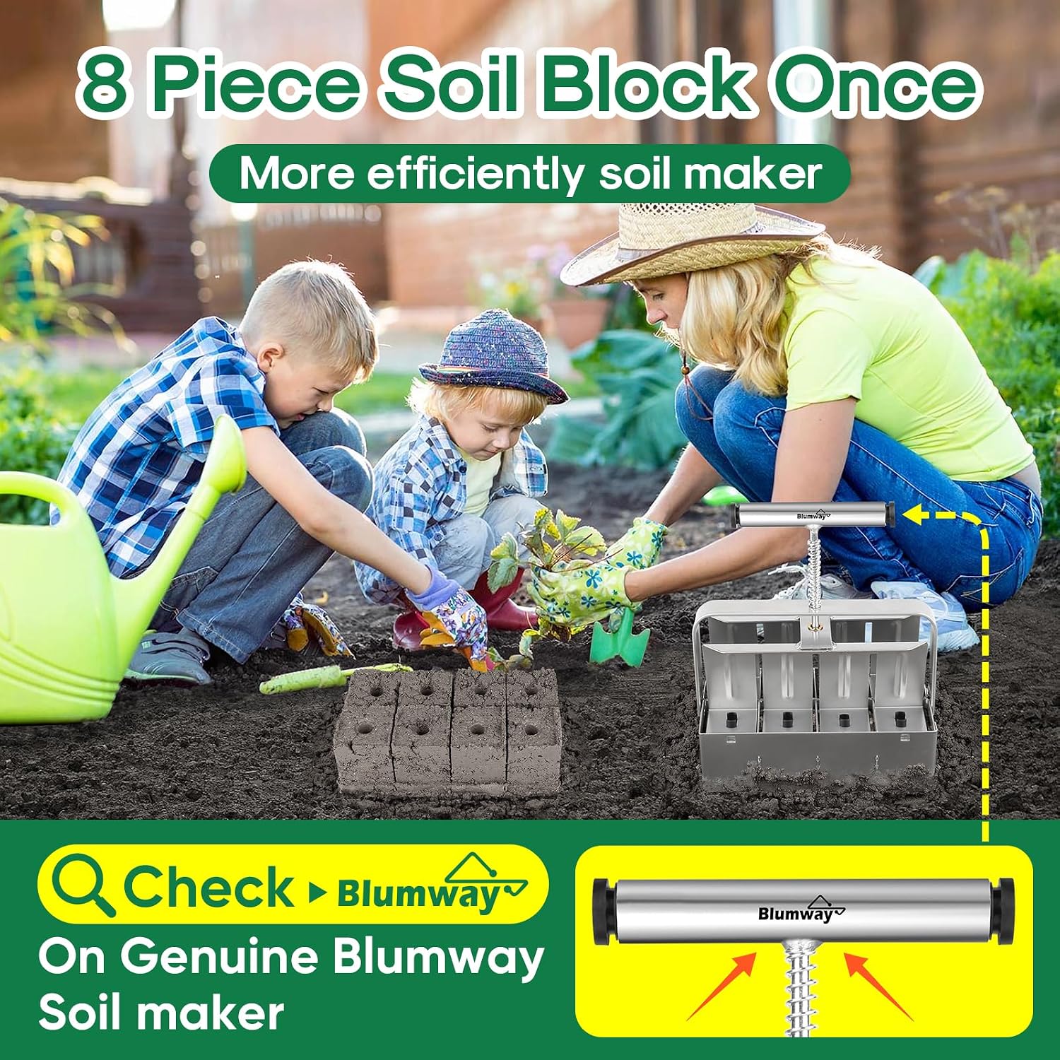 Soil Blocker, 8 Cell 2 inch Soil Block Maker for Seed Starting | 3 Sizes Seed Pins, Heavy Duty Manual Seed Blocker