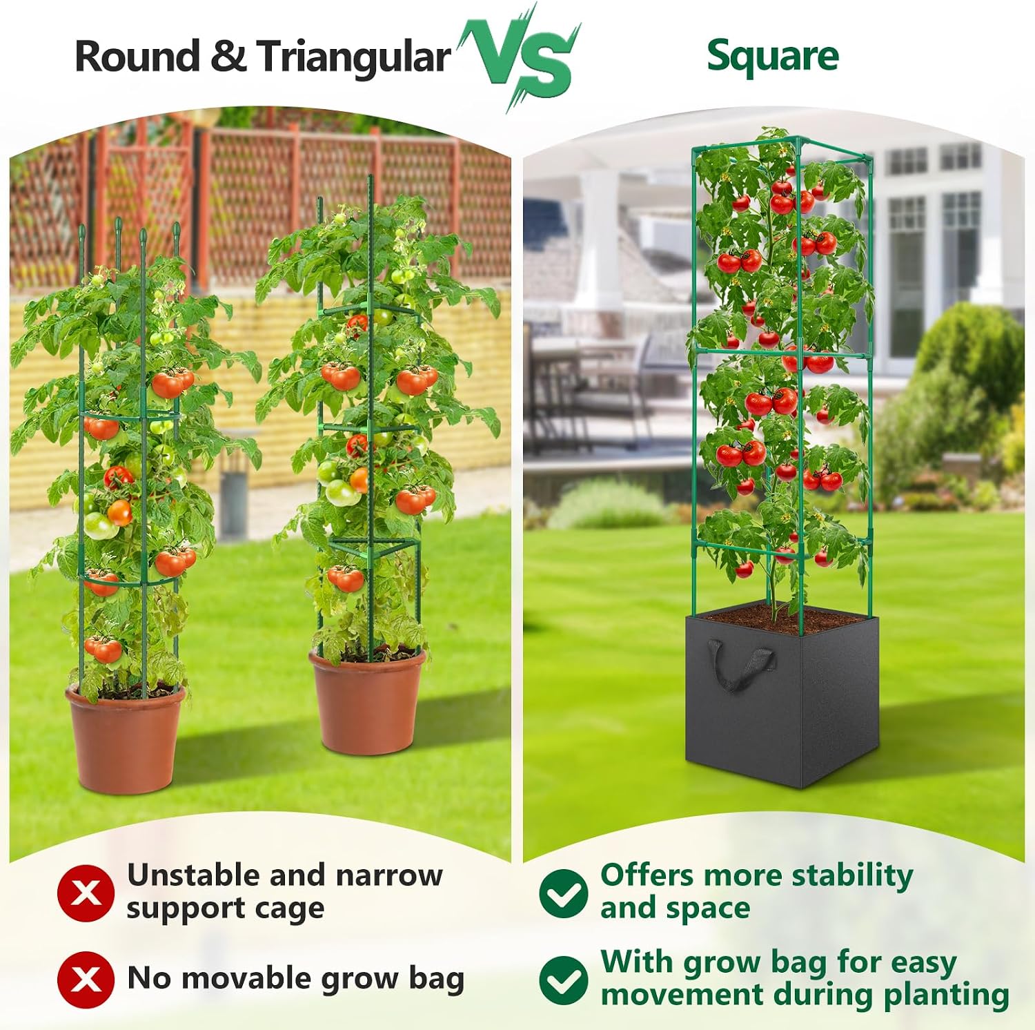 3 Pack Tomato Cages for Garden, Square Tomato Trellis with Grow Bags, 49 IN Tall Heavy Duty Tomato Plant Stakes Support