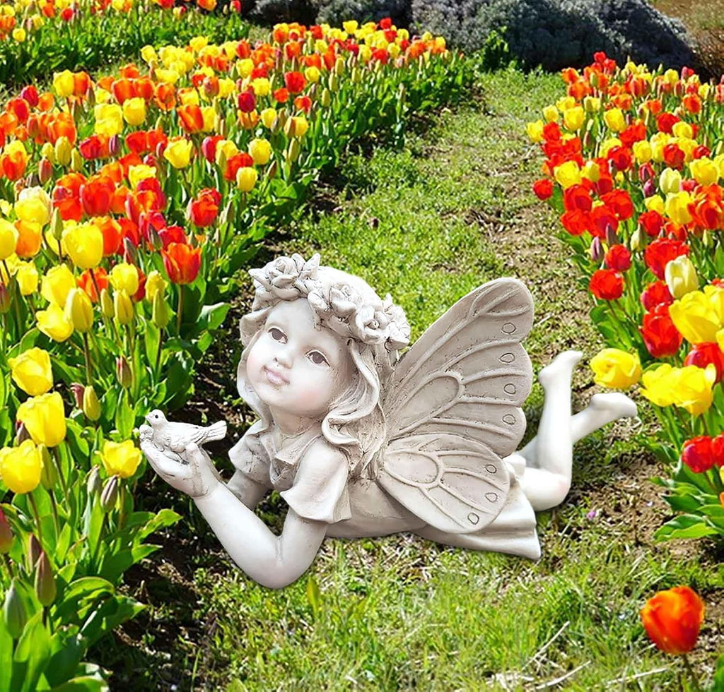 Fairy Garden Decor, Angel Holding a Bird Garden Statues for Outside | Resin Fairies for Fairy Garden, Cute Yard