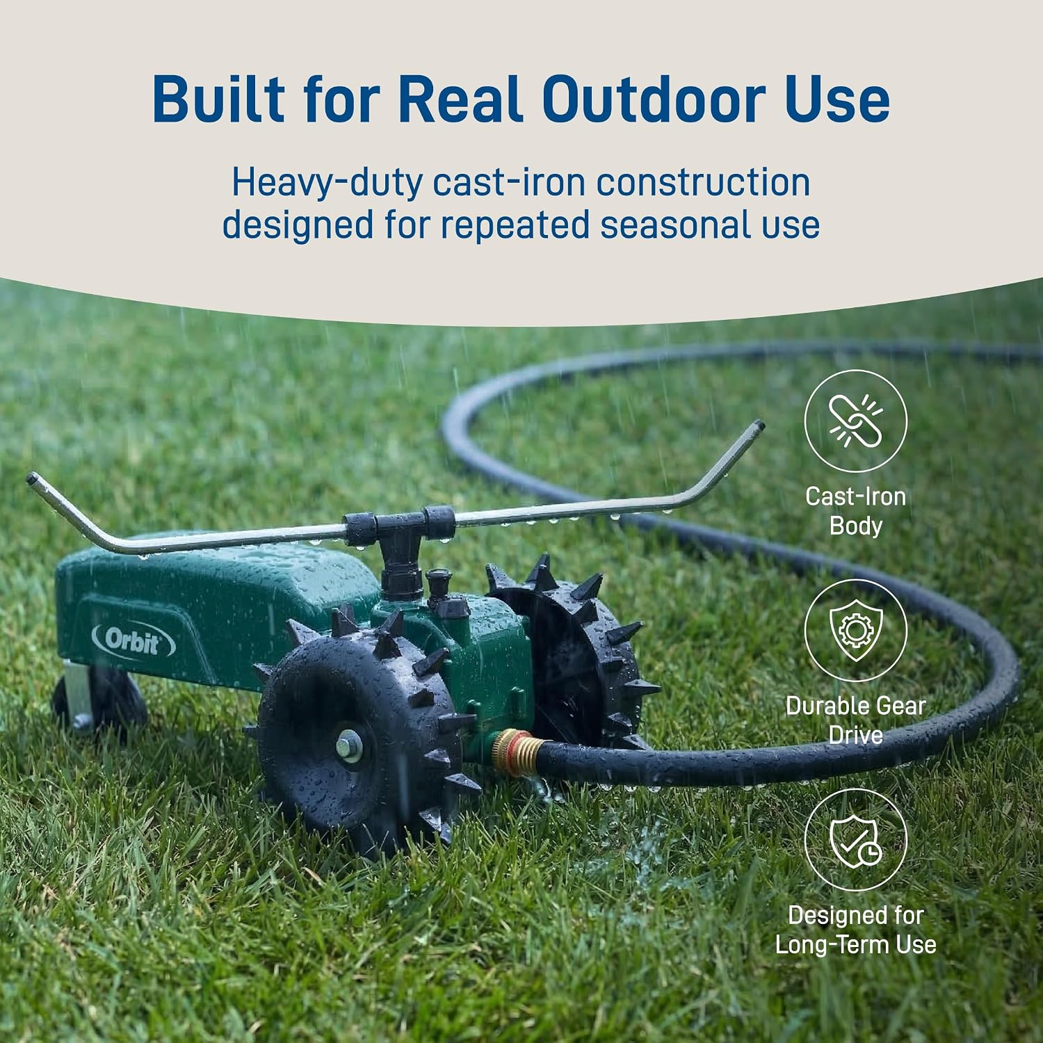 Orbit Traveling Tractor Water Sprinkler - Self-Propelled Traveling Sprinkler for Wide Lawn Coverage - Cast-Iron Body