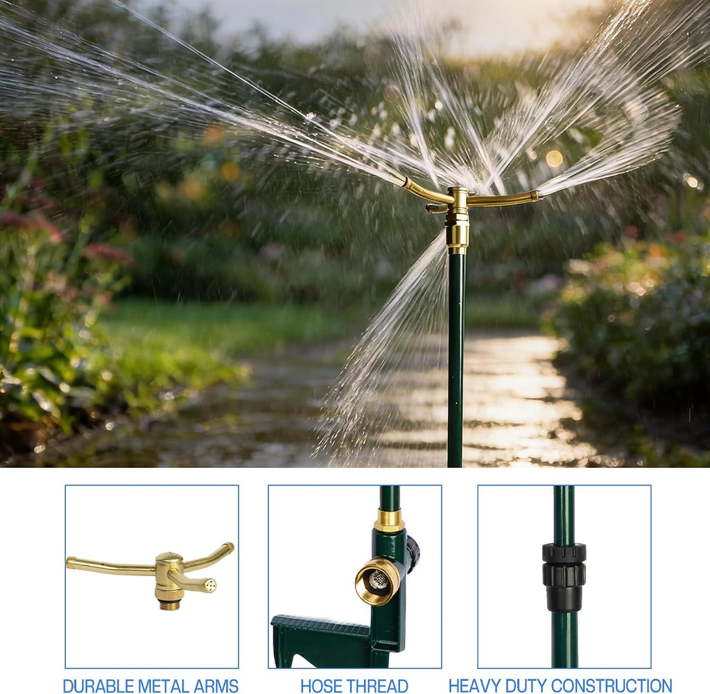 LIULO TOOL 2 Pack 3-Arm Garden Sprinkler, High-Rise Lawn Sprinkler with Adjustable Telescoping Rod and Spike Base, 360