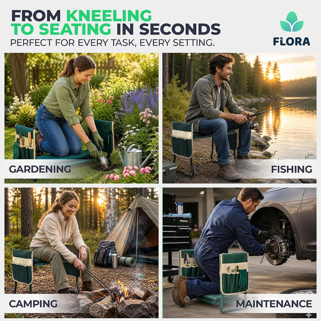 Flora Foldable Garden Kneeler and Seat – Heavy Duty Gardening Bench with Extra-Wide Soft Pad & 2 Tool Pouches – Durable