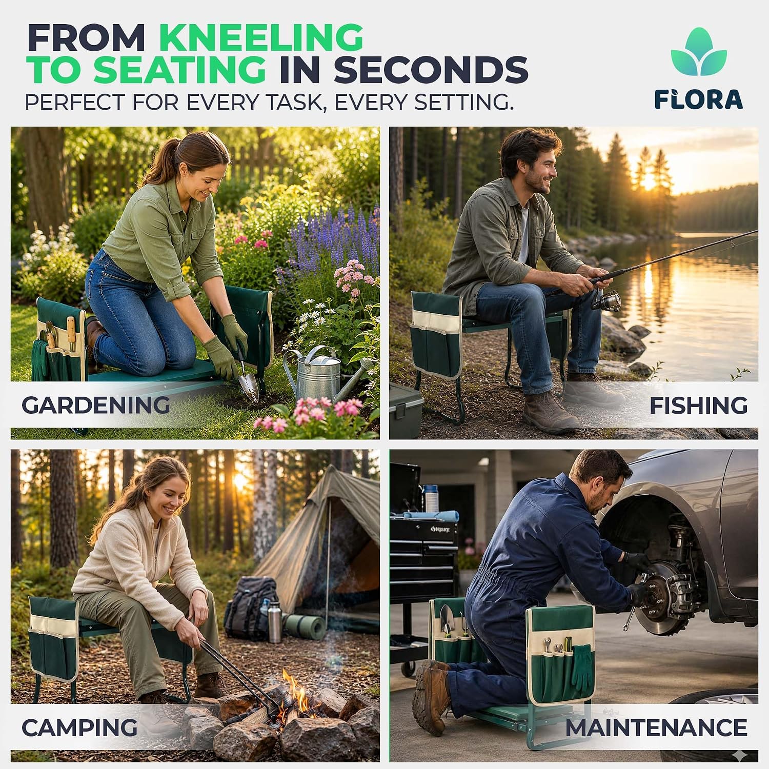 Flora Foldable Garden Kneeler and Seat – Heavy Duty Gardening Bench with Extra-Wide Soft Pad & 2 Tool Pouches – Durable