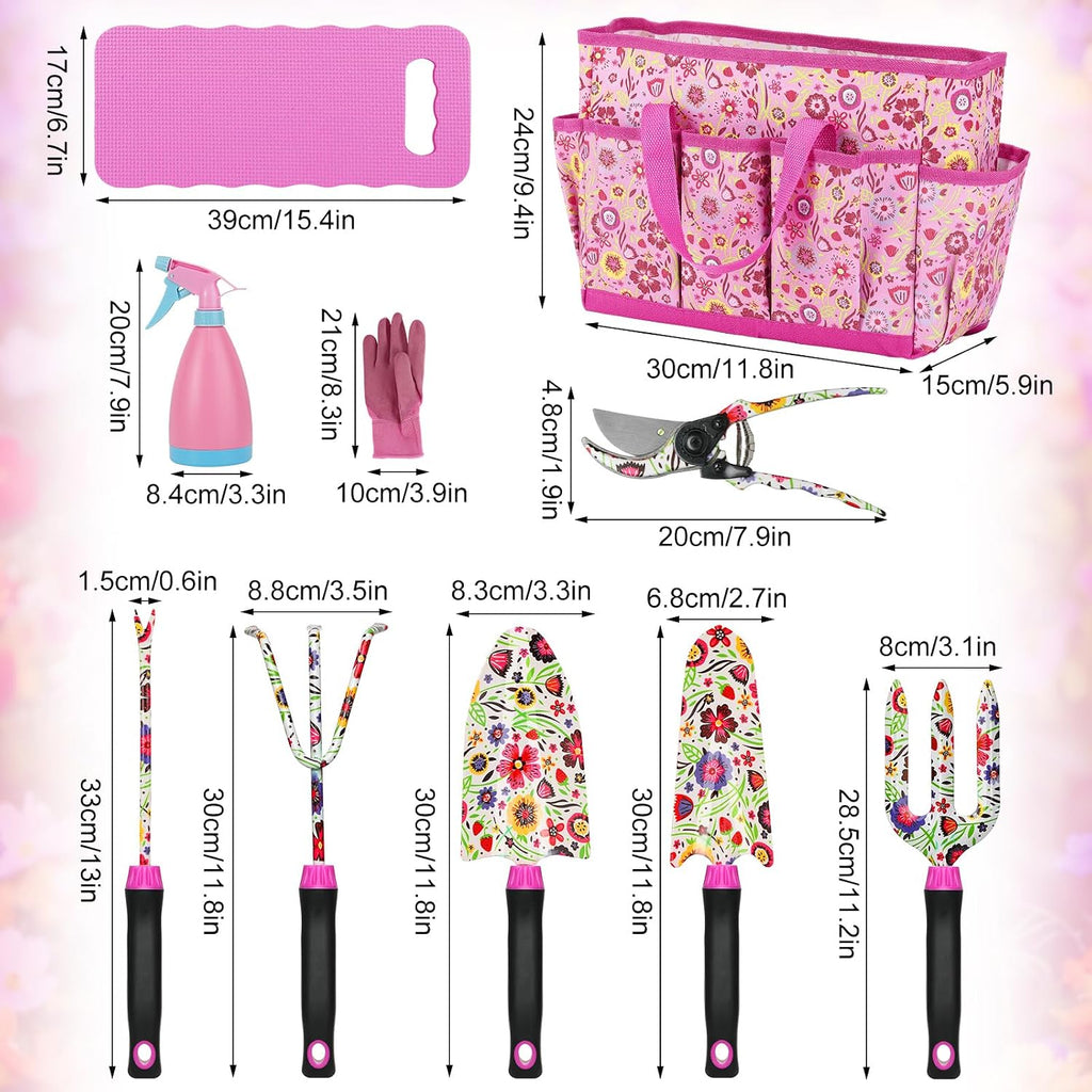 Housolution Gardening Tools Set, 10PCS Gardening Gifts for Women, Pink | Heavy Duty Garden Tools with Non-Slip Rubber