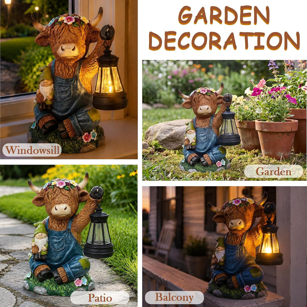 Solar Highland Cow Outdoor Statues Garden Decor with LED Light | Cute Animal Figurine Funny Resin Decoration for Patio