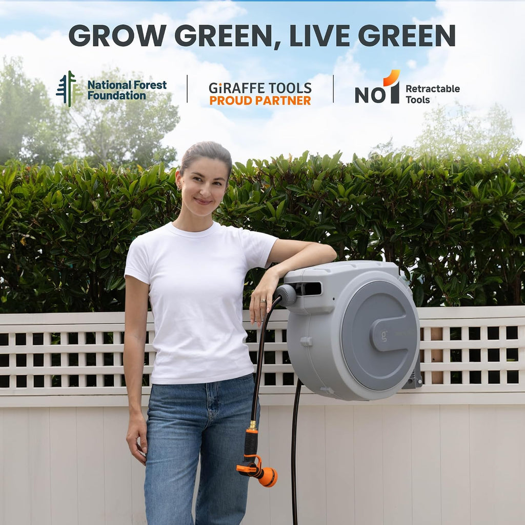 Giraffe Tools Retractable Garden Hose Reel 1/2"130FT Wall Mount Light Grey | Any Length Lock,Auto Rewind System,180°