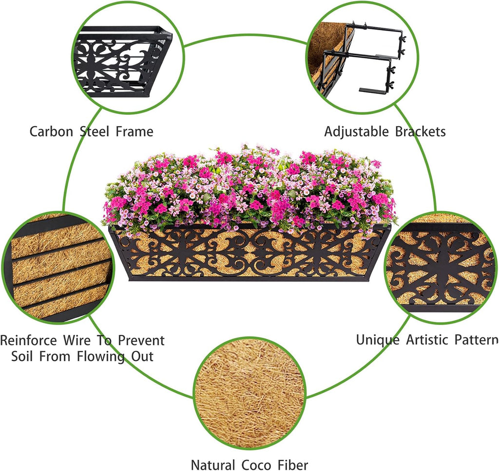2 Pack 24 Inch Window Boxes Planters Railing Planter Box with Adjustable Brackets & Coco Liners Fabric Plant Grow Bags