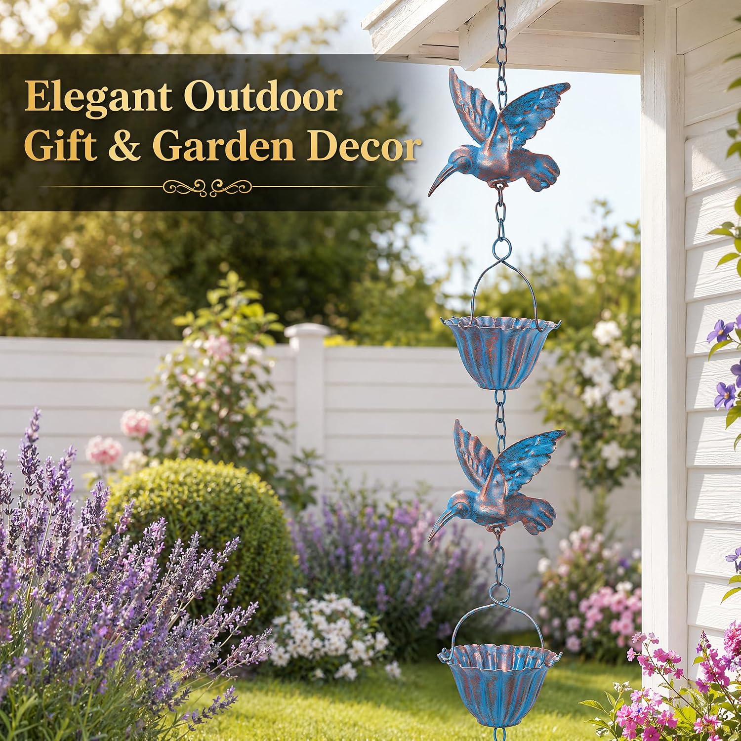 7.8 FT Rain Chain,Rain Chains for Gutters & Outside | 8 Hummingbird & 7 Metal Lotus Cup Rain Catcher,Decorative &