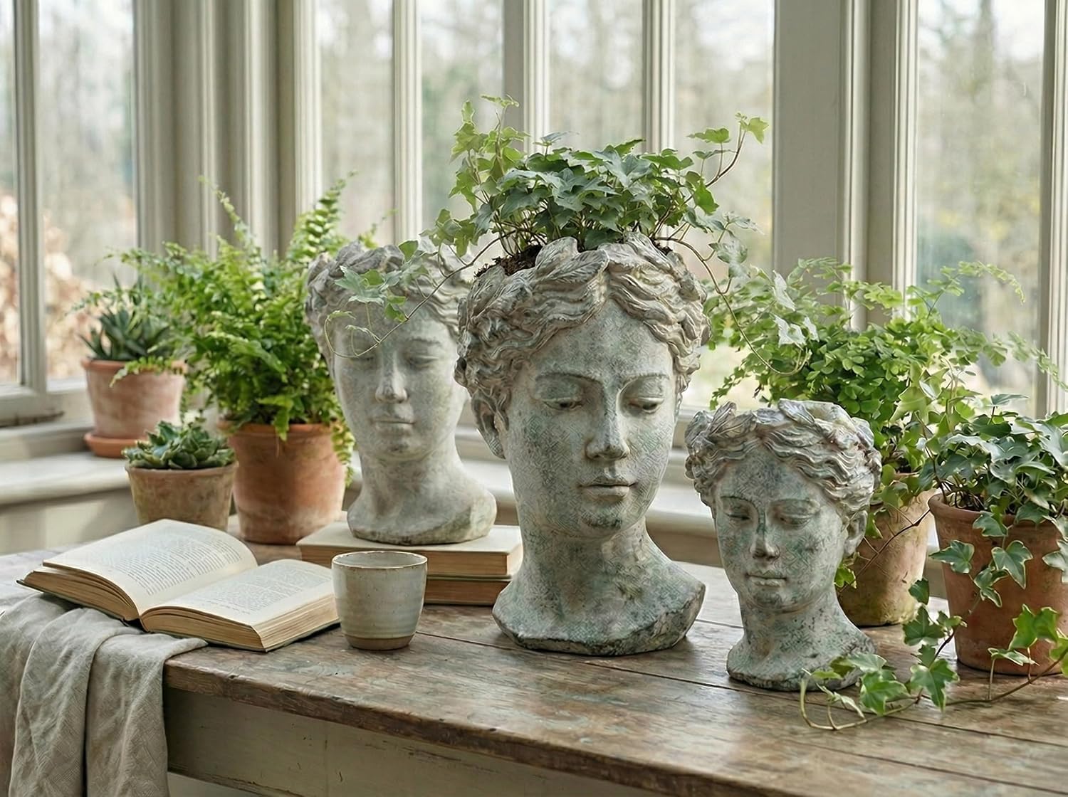 Abbott Collection Extra Small Woman Head Planter | Hand-Finished Greco-Roman Style, Cement, Gray, 6.5"H