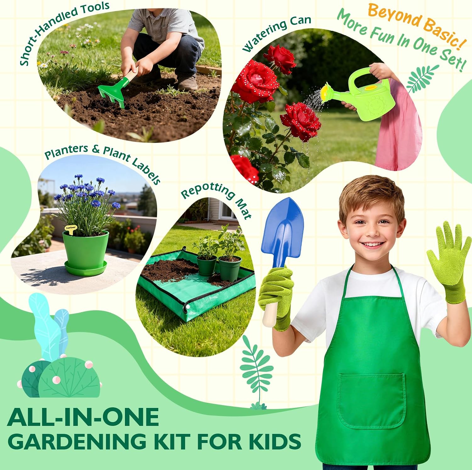 FHOZGECY Kids Gardening Set with Wheelbarrow and Metal Tools for Ages 3-8 | Dual-Size Metal Garden Tools, Apron