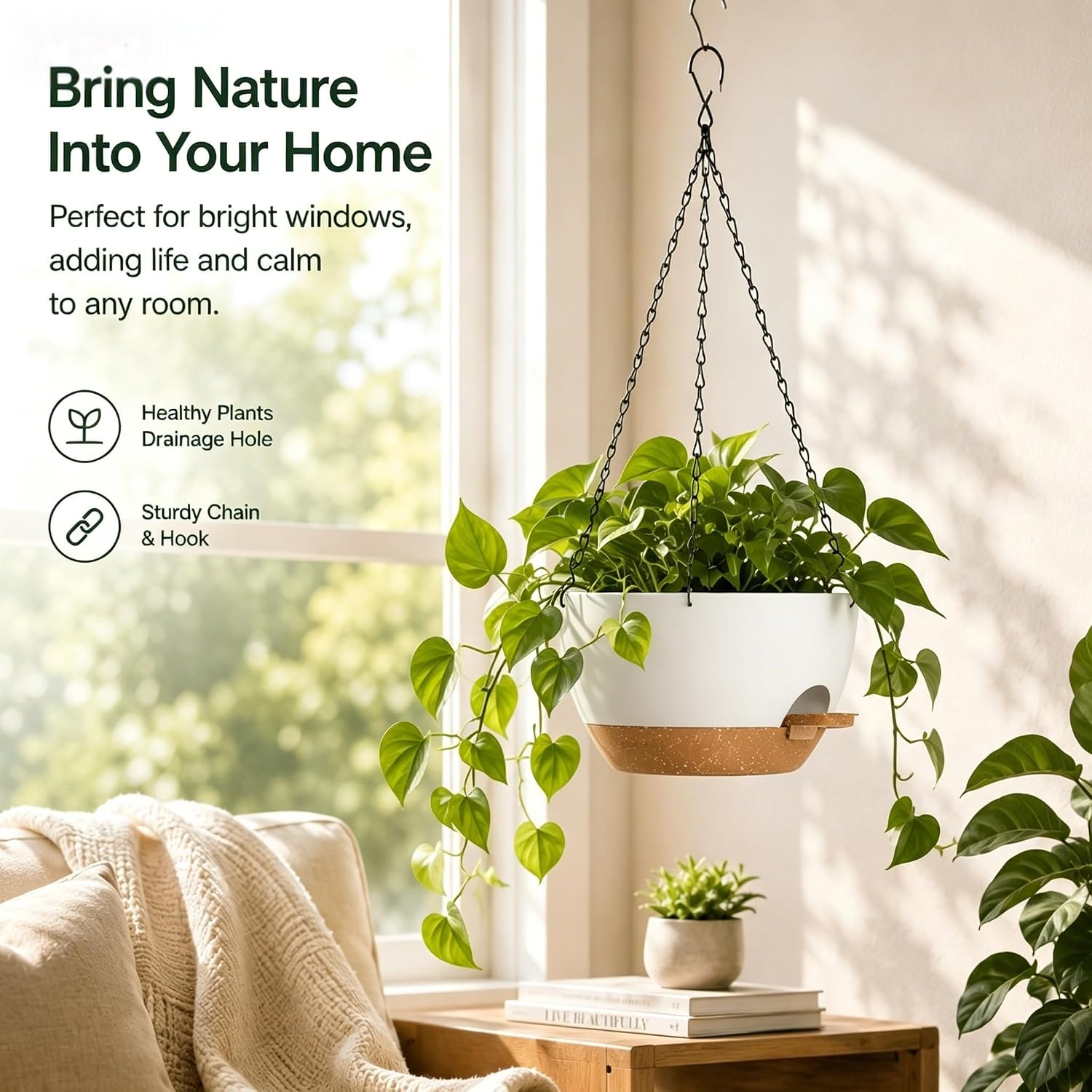 12 Inch Self Watering Hanging Planters 2 Pack, White Brown | Plastic planters with drainage holes and saucers. Suitable