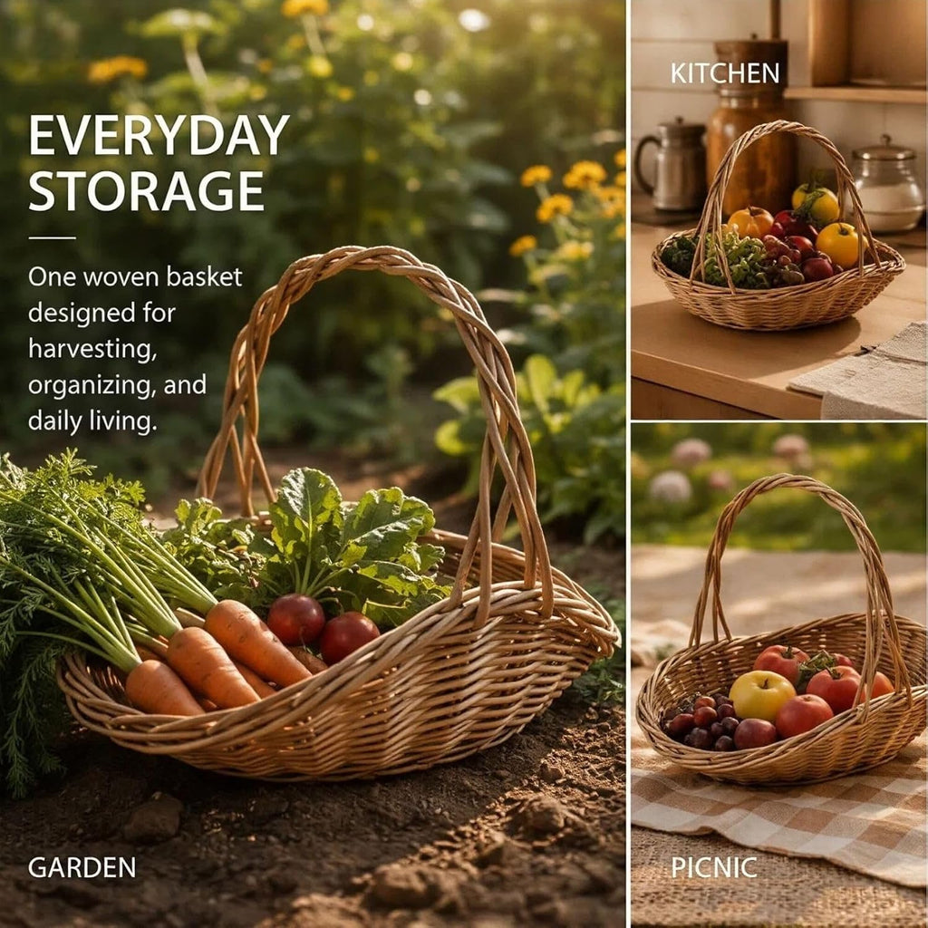 Rattan Basket with Handle, Wicker Garden Harvest Basket for Vegetables and Fruit, Handwoven Picnic Basket for Storage