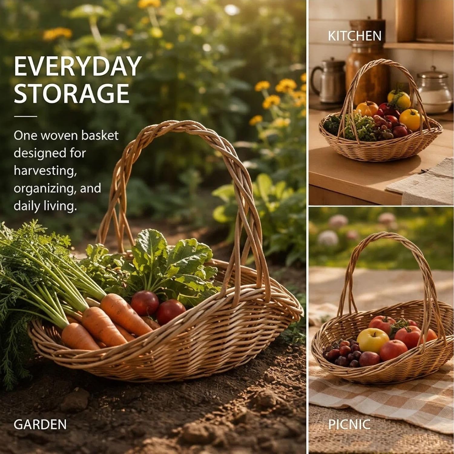 Rattan Basket with Handle, Wicker Garden Harvest Basket for Vegetables and Fruit, Handwoven Picnic Basket for Storage