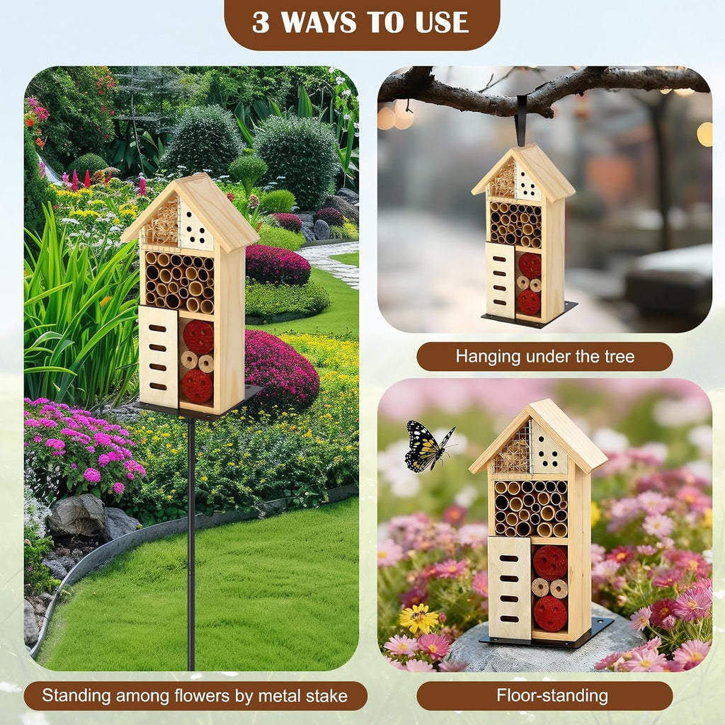 Novabright Wooden Insect House with Metal Stake Insect Hotel Bee House Natural Bug Habitat for Bee Butterfly Ladybirds