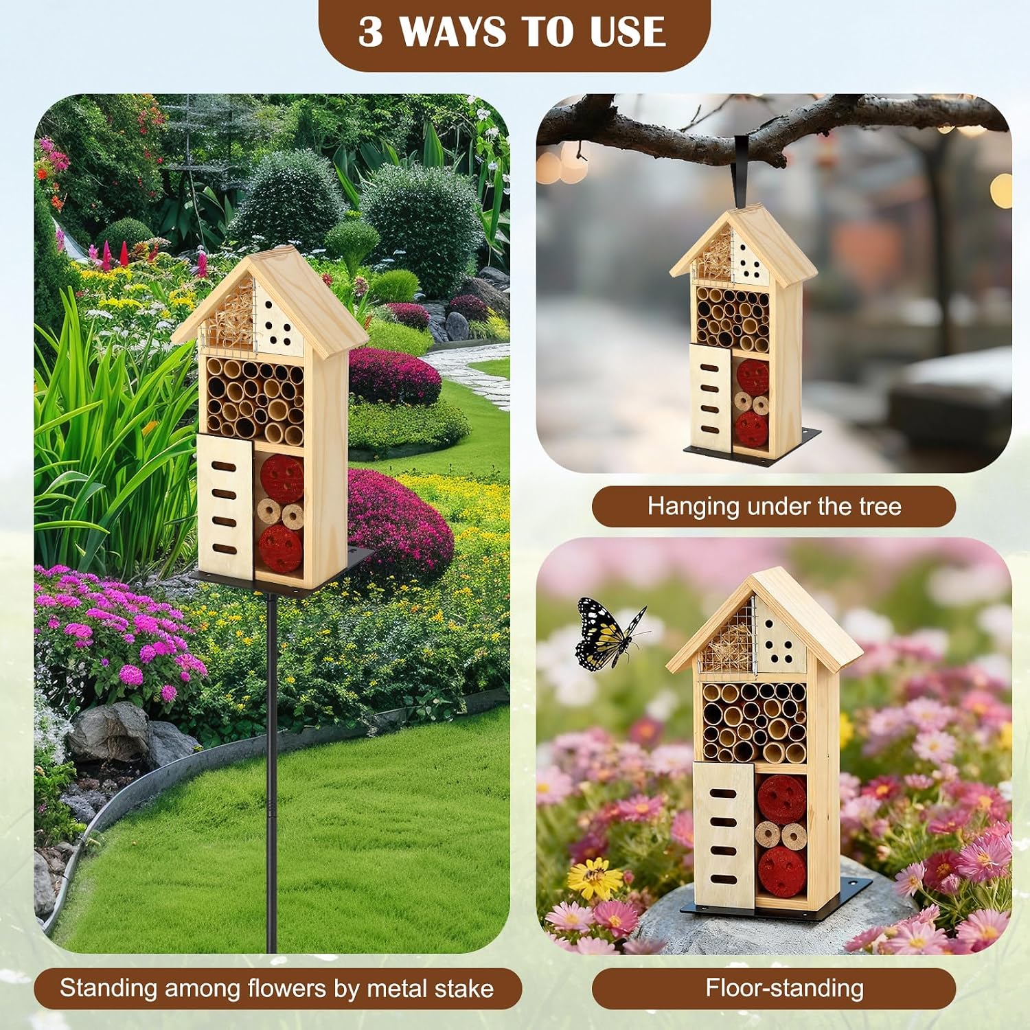 Novabright Wooden Insect House with Metal Stake Insect Hotel Bee House Natural Bug Habitat for Bee Butterfly Ladybirds