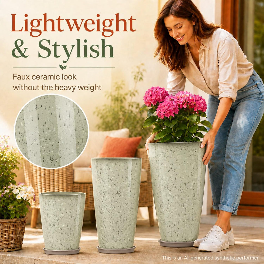 Neoaider Set of 3 Tall Planter, 24/21/12in Large Plastic Planter, DripGlaze | Ceramic-Look, Lightweight, Built-in Drain