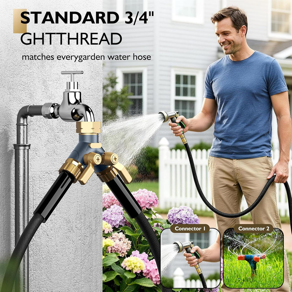 Garden Hose Splitter 2 Way Heavy Duty, Water Hose Bib Splitter with Shutoff Valves, Full Metal Body Y Hose Connector