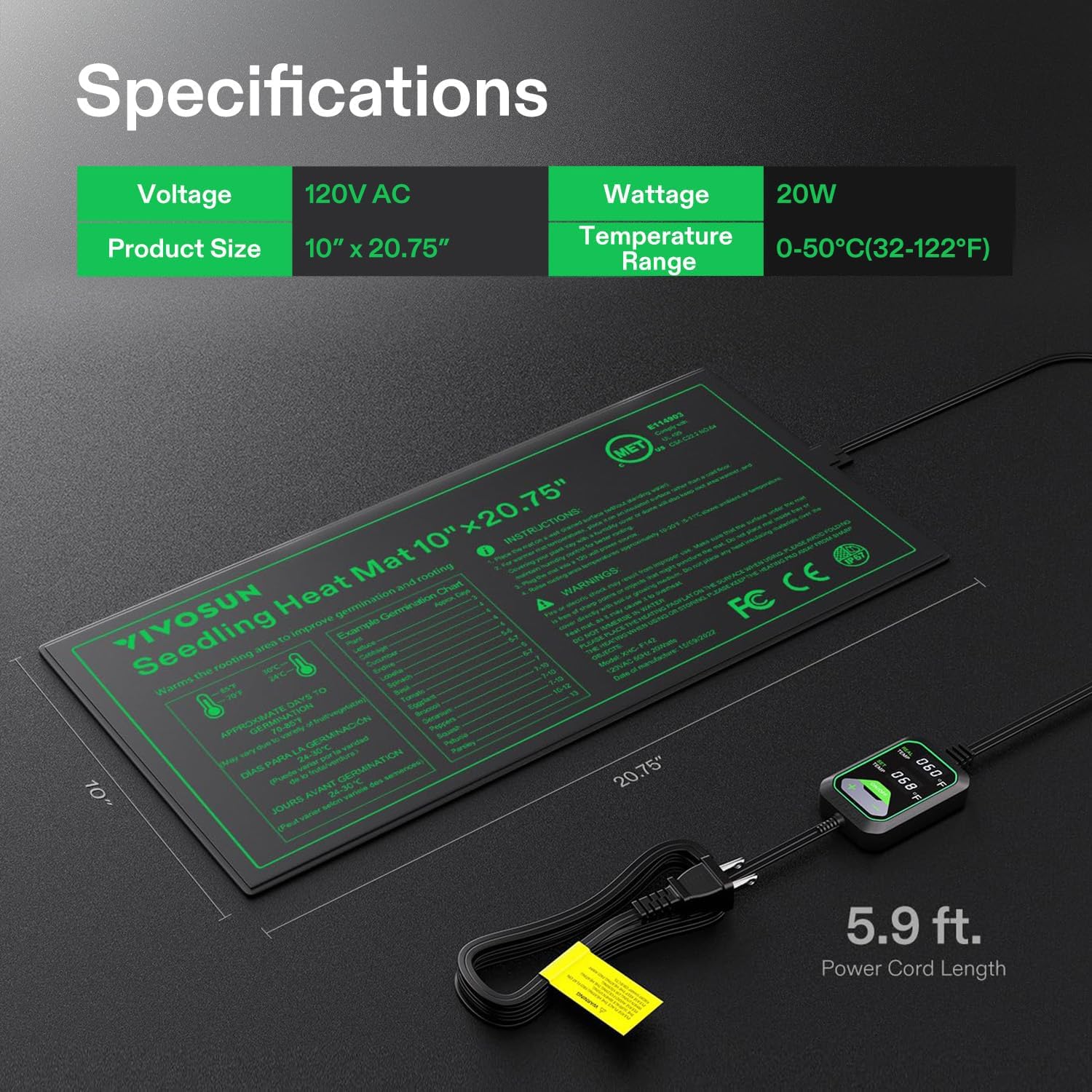 VIVOSUN 10"x20.75" Seedling Heat Mat with Built-in Temperature Controller | UL & MET-Certified Waterproof Plant Heating