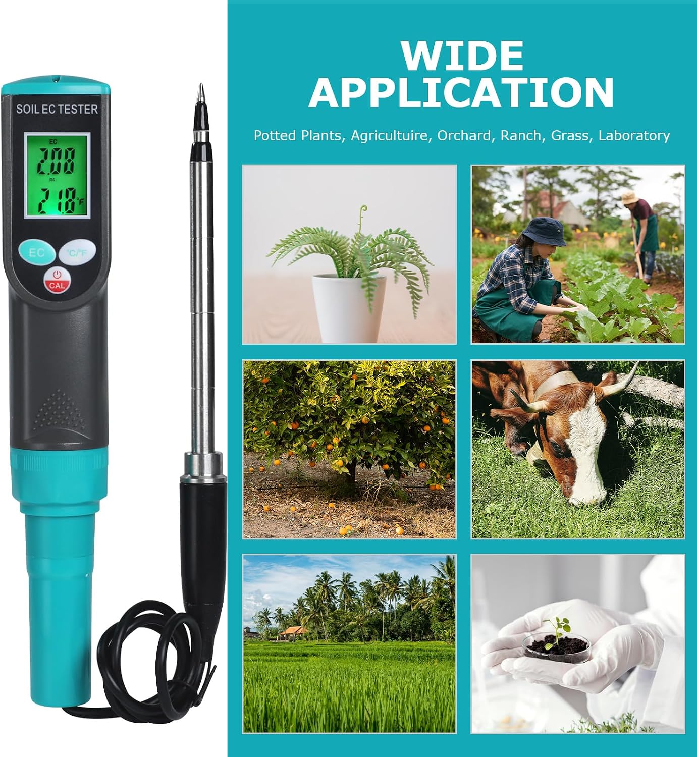 Digital Soil EC Meter 2-in-1 Porfessional Plants EC Temperature Tester Meter with Corded Sensor, Backlight LCD Display