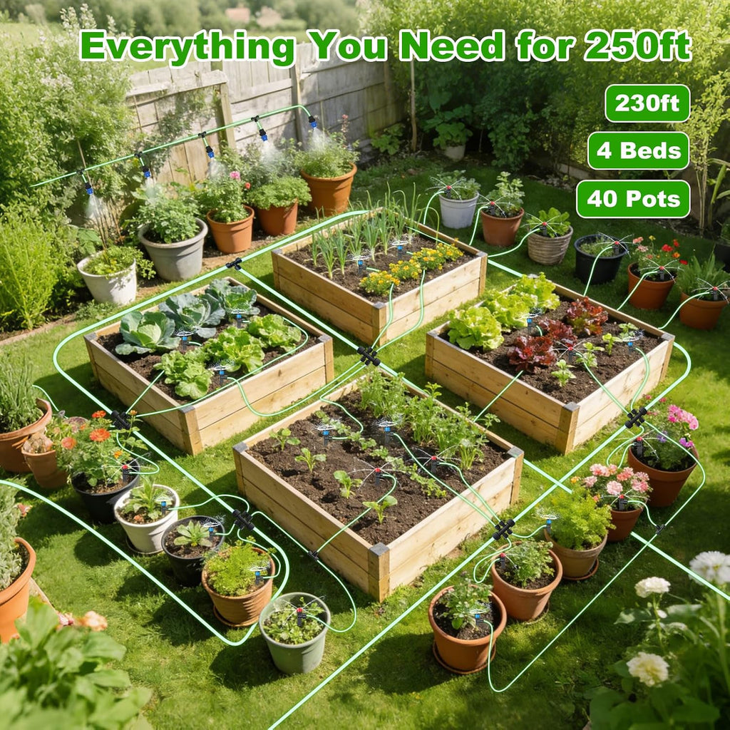 250FT Drip Irrigation System Kit New Quick-Connect, Automatic Garden Watering Misting System for Greenhouse, Yard