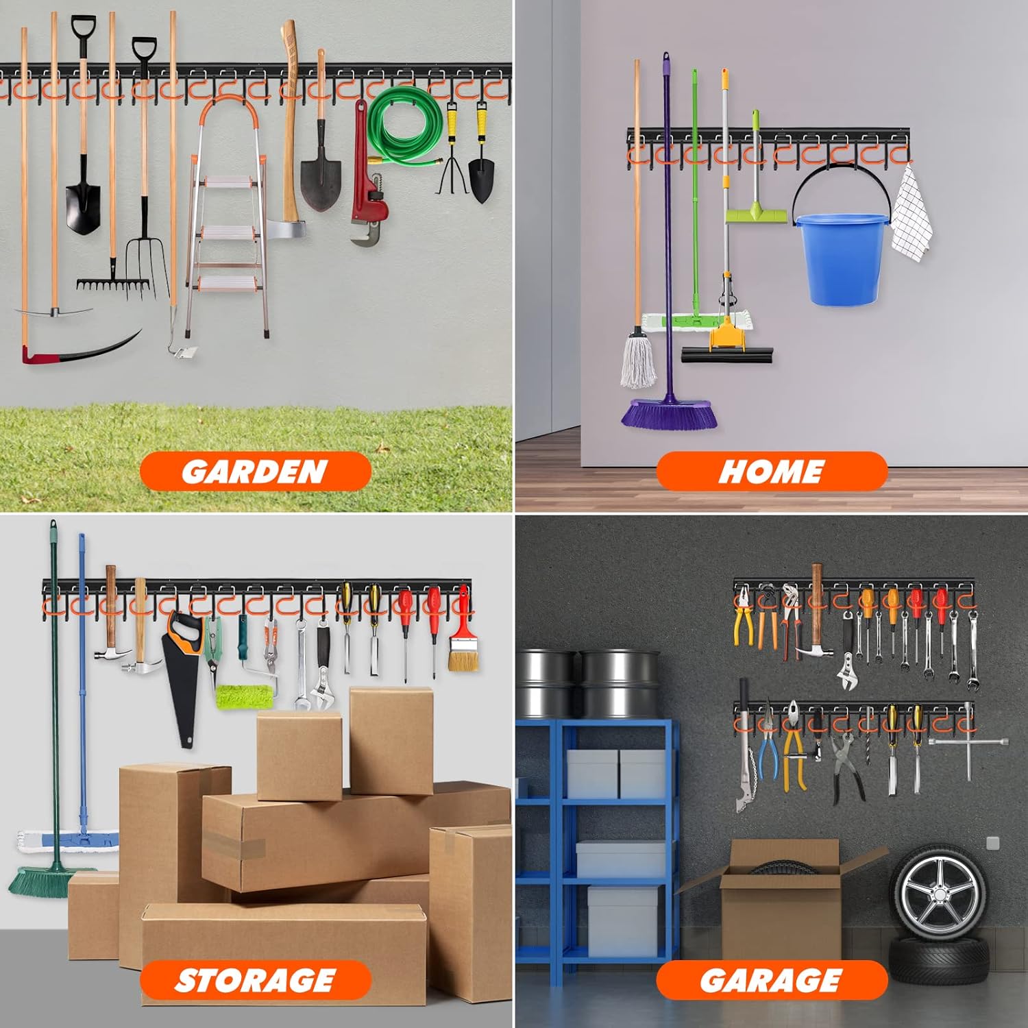 TVKB 34'' All Metal Garden Tool Organizer Wall Mount Garage Organizers and Storage with Hooks Tool Hangers for Shed