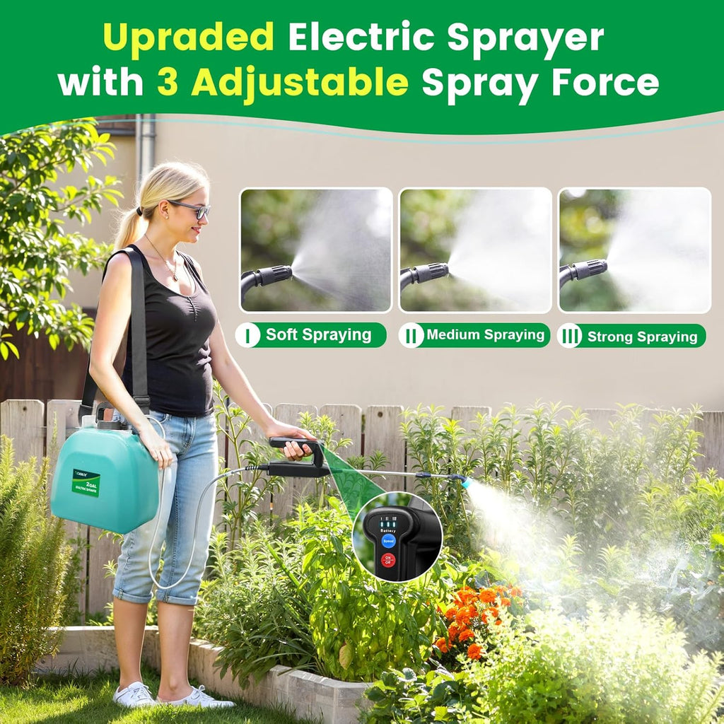 Battery Powered Sprayer 2 Gallon, 2026 Upgrade Electric Sprayer with 3 Adjustable Speed, Battery Indicator, 4 Mist