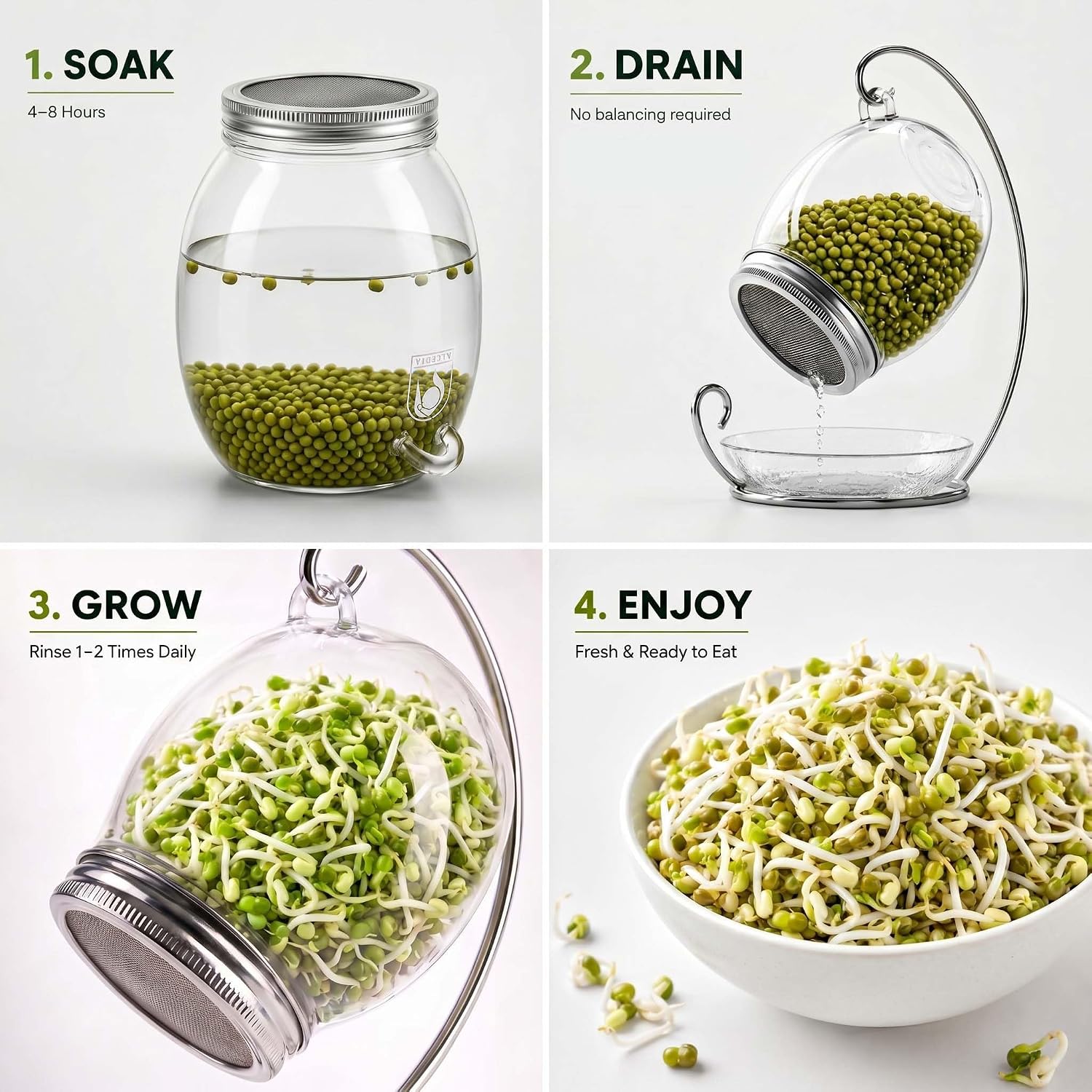 Premium Sprouting Jar Kit - Unique 30 oz Wide Mouth Sprouting Jar, Stand, Tray and 316 Stainless Screen Lid