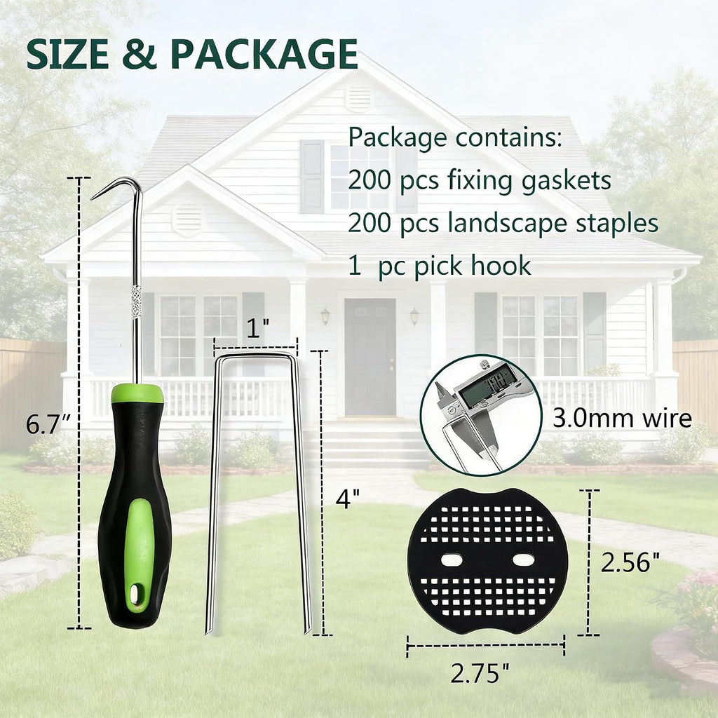 4 Inch 200 PCS Galvanized Landscape Staples with 200 PCS Gasket, Landscape Fabric Pins Stakes Lawn Ground Cover Graden