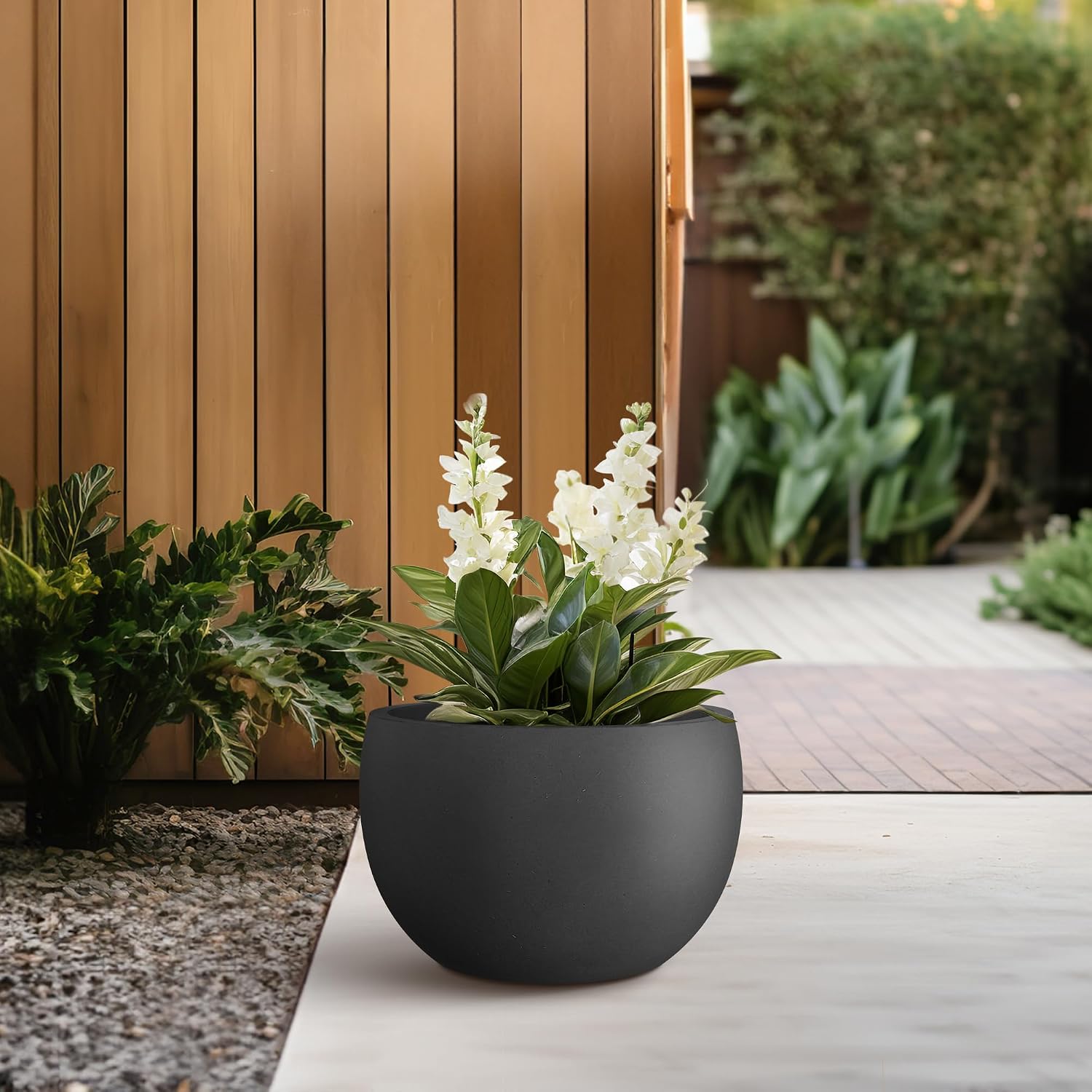Kante Small Round Bowl Black Concrete Planter 11.8" Dia, Outdoor | Rubber Plug for Indoor, Drainage for Garden
