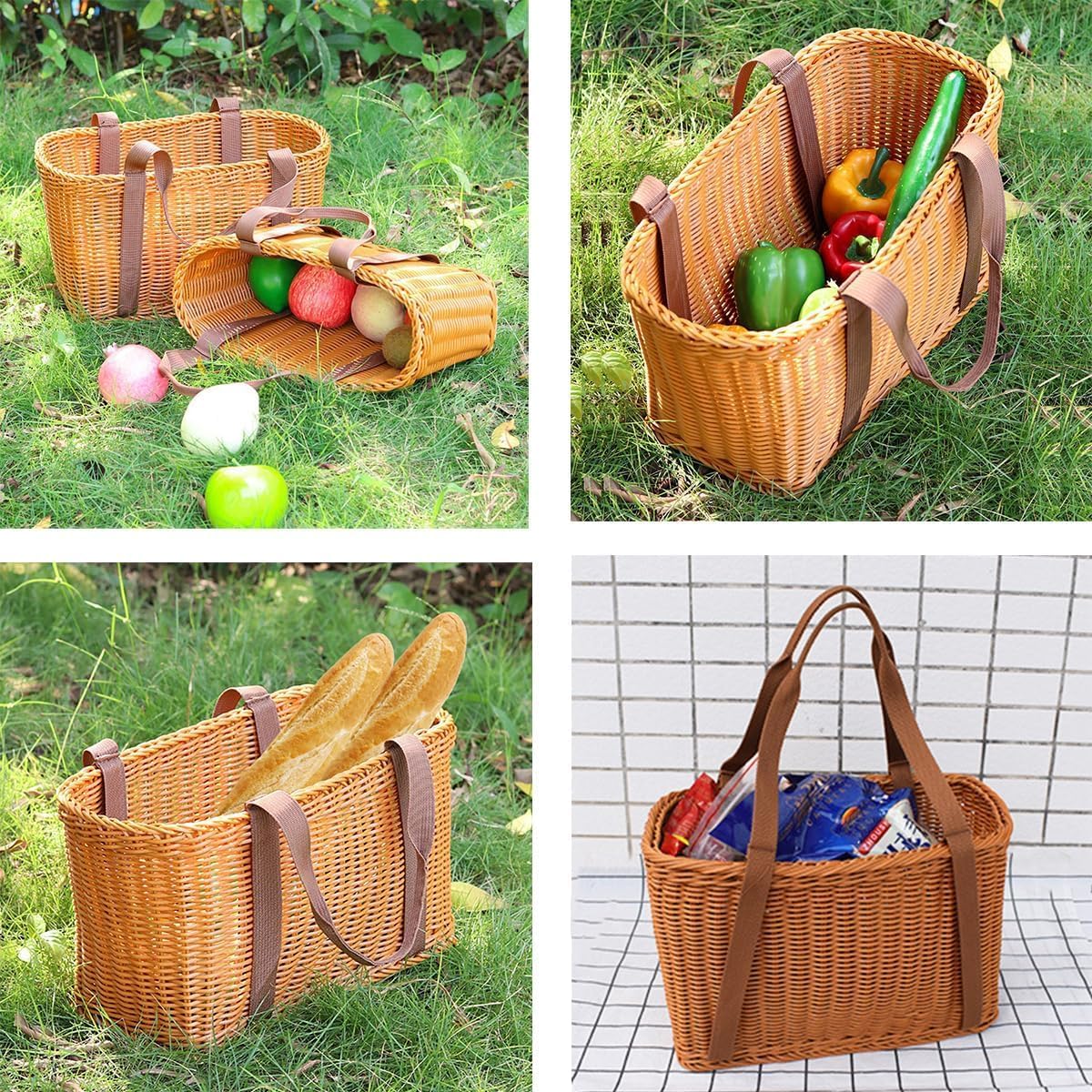 Large Wicker Picnic Basket, Garden Harvest Basket, Wicker Shopping Baskets with Cloth Handles, Reusable Handwoven