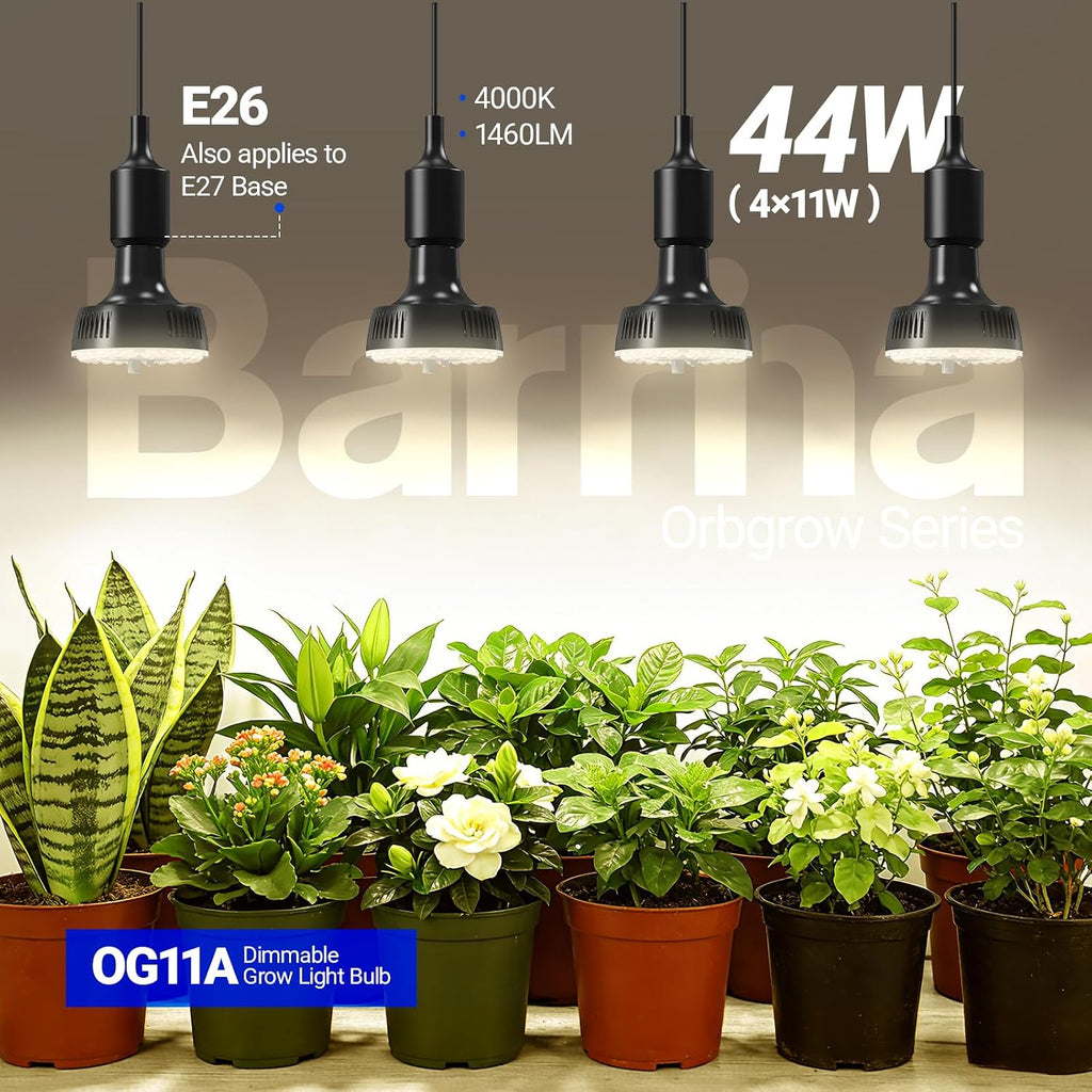 Barrina OG11A Grow Light Bulbs for Indoor Plant, 4000K 11W, 4 Packs, Black | Integrated Dimming & Timing, E26 Plant