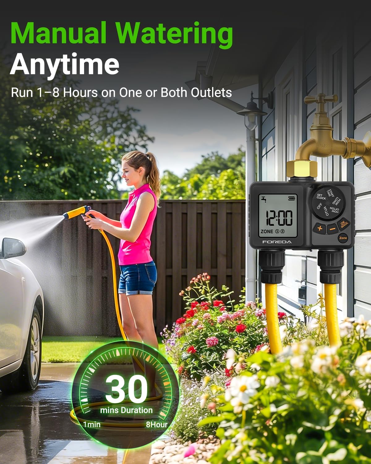 Rechargeable 2 Zone Water Timer, Sprinkler Timers for Garden Hose | Built-in Rechargeable Battery, Brass inlet, 2 Zone