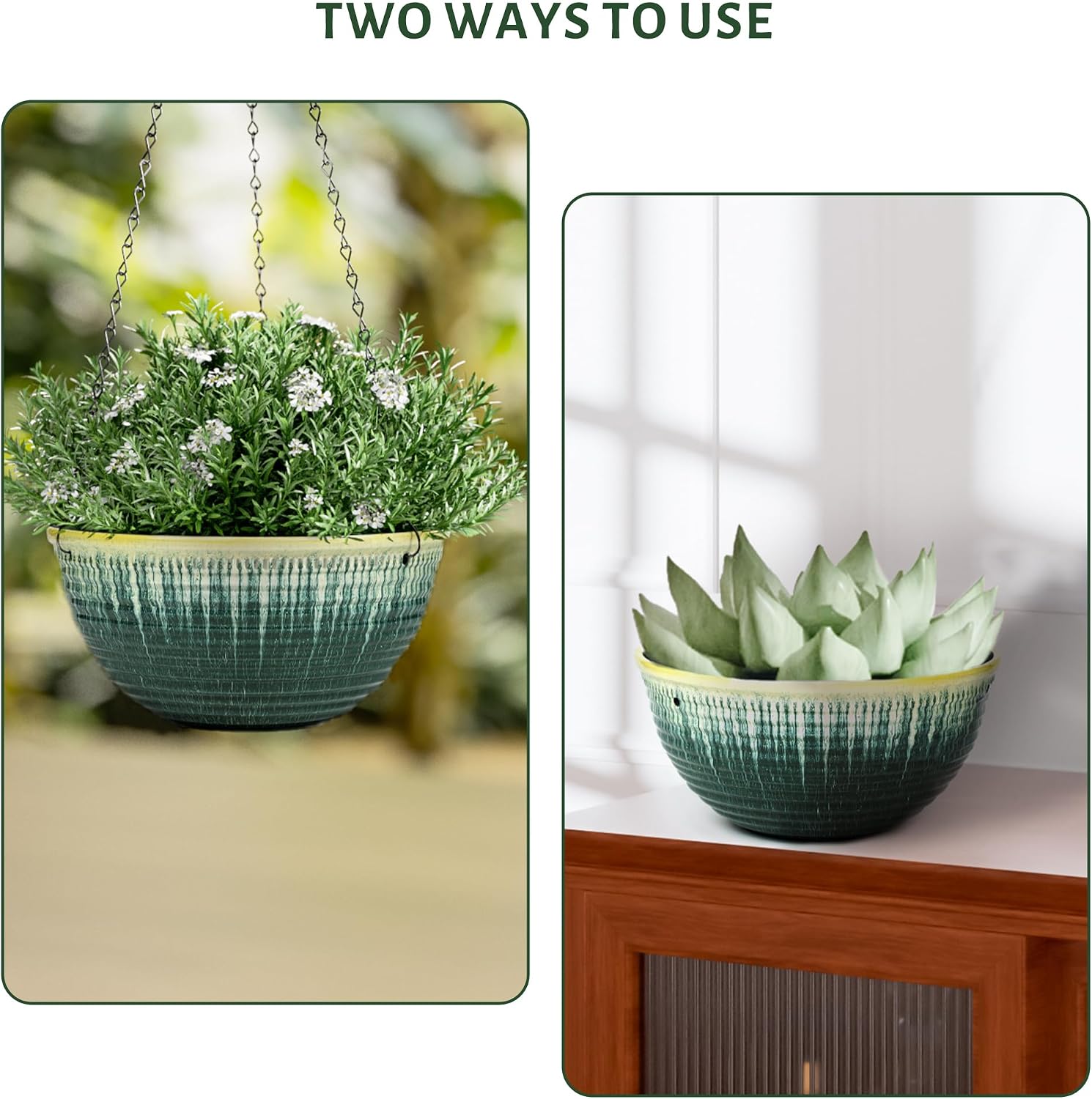 10inch Hanging Planter, 2 Pack Hanging Planters for Indoor and Outdoor Plants, Glazed Hanging Plant Holder with