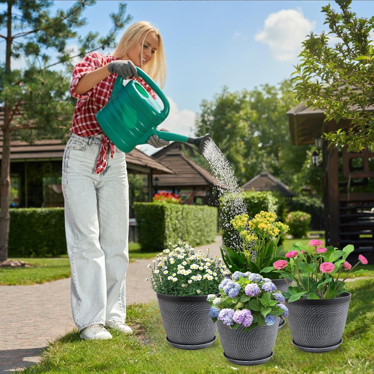 Quarut 4 Pack 15 Inch Large Planter Pot for Plants Outdoor Indoor, Plastic Flower Pots with Drainage Hole & Saucer