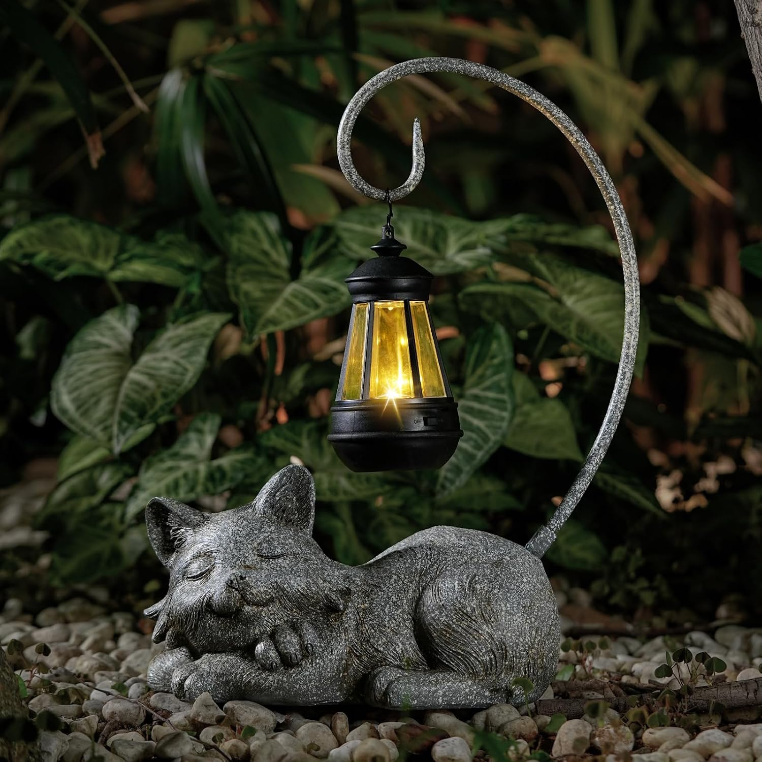 WSgift Outdoor Cat Figurine Garden Statue with Solar-Powered LED Light 13.77 Inches Tall Gift Garden Statue Decor for
